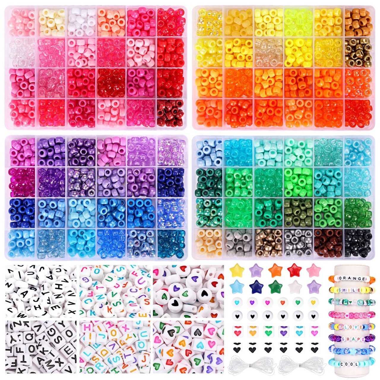 QUEFE 3250pcs Pony Beads Set, Kandi Beads 2400pcs Rainbow Beads in 96  Colors, 800pcs Letter Beads and Heart Beads with 20 Meter Elastic Threads  for Bracelet Jewelry Necklace Making